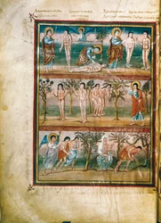 Página de manuscrito representando episódios da vida de Adão e Eva: criação de Adão e Eva. O pecado original. Expulsão do Paraíso (miniatura)