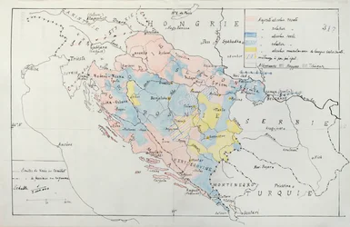 Mapa da Bósnia com pormenores das áreas ocupadas por grupos étnicos minoritários, 1910