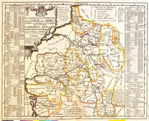 Mapa dos territórios franceses sob o imposto de 1709, do Le Theatre du Monde por Jean-Baptiste Nolin, publicado em 1717 (gravura colorida à mão)