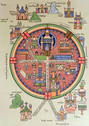 Mapa de Jerusalém e da Palestina, incluindo os locais sagrados e o Templo de Salomão