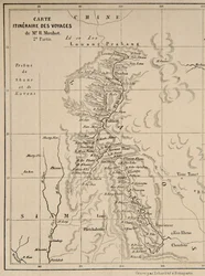 Mapa do Laos e do rio Mekong mostrando o percurso da viagem de Henri Mouhot, ilustração de Viagens nas partes centrais da Indochina (Sião), Camboja e Laos durante os anos de 1858, 1859, a