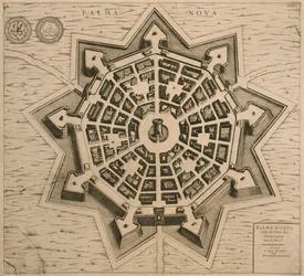 Mapa de Palmanova, de Les Villes de Venetie, 1704, publicado pela Rutgert Alberts em Haia