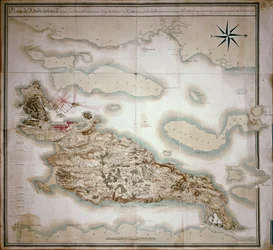 Mapa de Rhode Island no momento de sua ocupação 1780-81 pelo exército francês sob as ordens de Jean-Baptiste de Vimeur (1725-1807) Conde de Rochambeau