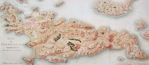 Mapa de Rhode Island no momento de sua ocupação 1780-81 pelo exército francês sob as ordens de Jean-Baptiste de Vimeur (1725-1807) Conde de Rochambeau