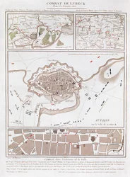 Mapa de combate na Batalha de Lubeck, mostrando as posições dos exércitos francês, prussiano, sueco e dinamarquês