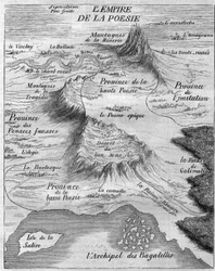 Mapa do "Império da Poesia" representando diferentes tipos de poesia. Bernard Le Bouyer (Le Bovier) de Fontenelle (1657-1757)