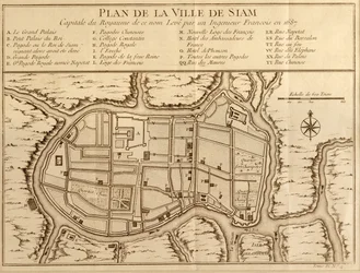 Mapa da cidade de Sião, capital do reino de mesmo nome, após uma pesquisa feita por um engenheiro francês em 1687, publicada na edição de 1751 da Histoire Generale des Voyages por Antoine Prevost