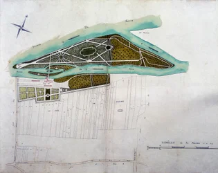 Mapa do jardim de Moulin Joly. Prancha do atlas de plantas do território de Colombes (1780), conservada nos Arquivos Nacionais.