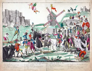 Marcha do moderno Dom Quixote para a Defesa do Moinho dos Abusos, publicado 1791 (gravura colorida à mão)