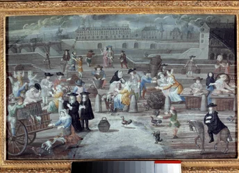 Março com aves e pão, quai des Grands Augustins em Paris em 1660. Pintura francesa anónima