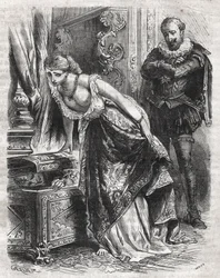 Marguerite de Valois (1553-1615), conhecida como Rainha Margot, esconde Julien de Leris, seu amante, em um cofre. Seu marido, o rei Henrique IV da França (1553-1610), observa a cena com diversão. Século XVI. Gravura de 1871 em "Histoire Des Cocuses Celebre