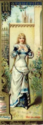 Marguerite na ópera Fausto de Charles Gounod, criada em 1859, após a peça de Johann Wolfgang von Goethe. Alfabeto de nomes femininos sobre o tema: trajes e óperas femininas. Cromolitografia publicitária de Liebig .