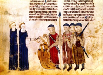 Margarida de Borgonha (1290-1315), mulher do rei francês Luís X, corta o cabelo por adultério (velino)
