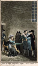 Maria Antonieta (1755-1793) se despede de seu filho Delfim, Louis-Charles de Bourbon (1785-1795) no Templo, em 3 de julho de 1793 (gravura colorida feita na época da restauração da mona