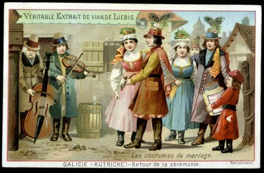 Costumes do casamento: regresso da cerimónia na Galiza, Áustria - chromo. Liebig, v. 1895