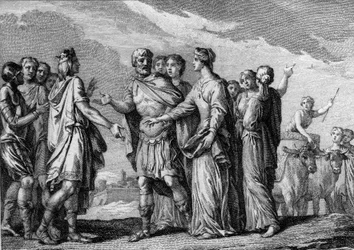 Casamento de Clovis 1st (466-511), Rei dos Francos, com Clotilde (Sainte Clothilde, ca. 475-545) em 493. Gravura do século XVIII.