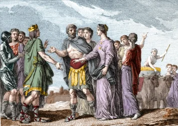 Casamento de Clovis 1st (481-511), Rei dos Francos, com Clotilde (Sainte Clothilde, ca. 475-545) (Rainha) em 493. Gravura do século XVIII.