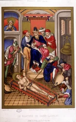 Martírio de Saint Laurent (grelhador) após miniatura da Idade Média, França século XIV.