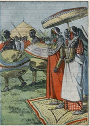 Costume Masai: após uma caçada ao leão, a guarda de honra passa diante da rainha que usa colares de arame - "Le Pelerin" 14 de outubro