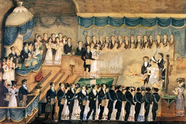 Cerimónia de iniciação maçónica de uma maçon, início do século XIX