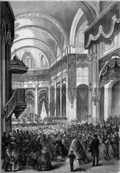 Missa de Todos os Santos celebrada na igreja de São Nicolau de Chardonnet, em Paris, decorada como São Pedro de Roma para a canonização dos mártires do Japão. 1862. Gravura no "Le Monde Illustré" n°291 de 8 de novembro de 1862.