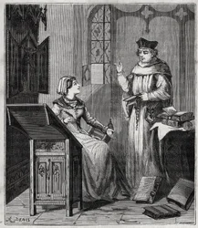 Matthieu Lansbert (Lansberg, Lansbergh, Laensberg ou Laensbergh) (século XV-16) et sa niece - Gravura em "Ciências disponibilizadas a todos - física e química" por Alexis Clerc - Final do século XIX - Colecção privada