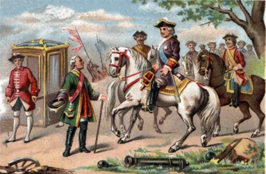Maurice da Saxônia, marechal da Saxônia (1696-1750), vitorioso na batalha de Fontenoy, conheceu Luís XV da França (1710-1774). Cromolitografia por volta de 1890.