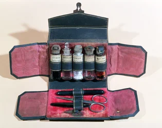 Caso médico com instrumentos e medicamentos, início do século XIX