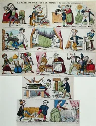 "Medicine for All or Hygienic Advice", cartoon médico satírico, meados do século XIX (gravura a cores)