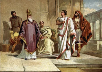 Encontro entre o imperador Flavius Júlio Valens (328-378), imperador romano e São Basílio de Cesaree ou Basílio o Grande (330-379), eveque e pai da Igreja. Cromolitografia do final do século XIX