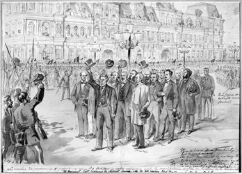 Membros do governo provisório passam revista às Guardas Nacionais diante do Hôtel de Ville em Paris, a 31 de outubro de 1870, c. 1870
