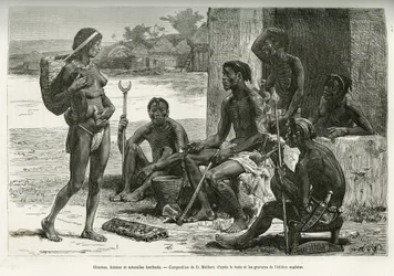 Homens, mulheres e utensílios (região de Bihe, Ruanda). Gravura de D. Maillart, para ilustrar a história Como atravessei a África, do Oceano Atlântico ao Oceano Índico, do Major Serpa Pinto, em 1877-1878, publicada no Tour du monde, sob a direção de Ed