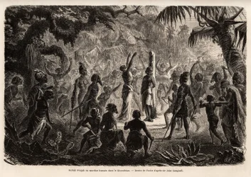 Meriah Pujah ou sacrifício humano, Khondistan (Índias Inglesas). Desenho de Fuchs, para ilustrar o estudo do Major John Campbell sobre os sacrifícios humanos nas Índias Inglesas