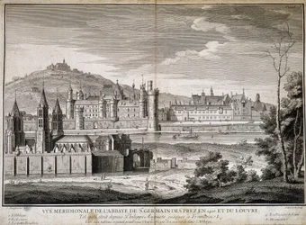 Vista meridional da abadia de Saint Germain des Pres e do Louvre em 1410 - gravura