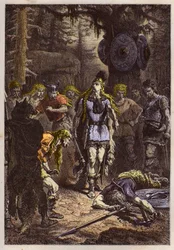 Merovingiens: Clovis 1er a abater o soldado que tinha partido o vaso de Soissons, em 486 - Clovis (465-511) e o guerreiro franco que partiu o vaso de Soissons em 486 - gravação de "L