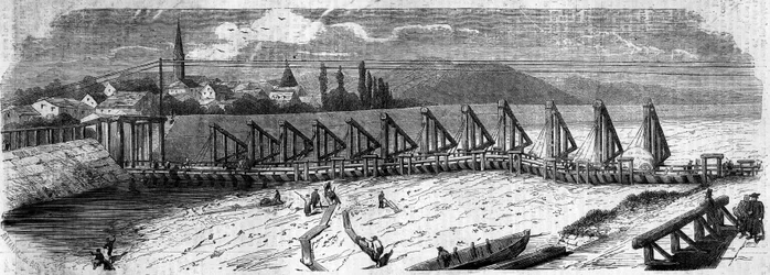 Fenômenos meteorológicos: dessecação do Reno em 1858. Vista da Ponte de Kehl (Alemanha), tomada a jusante da costa francesa. Gravura em "Le Monde Illustré" n°50 de 27 de Março de 1858.