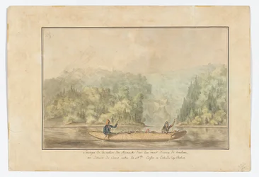 Micmacks em sua canoa de casca de bétula; Estreito de Canso entre a Nova Escócia, na ilha de Cape Breton
