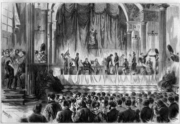 Recrutamento militar: sorteio para recrutas de 1858, no quarto Saint Jean do Hotel de Ville, em Paris. Gravura no "Le Monde Illustré" n°44 de 13 de Fevereiro de 1858.