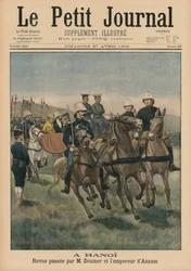 Revisão militar por Paul Doumer, Governador Geral da Indochina Francesa, e Imperador de Annam, Thanh Thai, em Hanói, ilustração da capa do Le Petit Journal, Suplemento Ilustre, 27 de abril de 1902 (