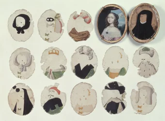 Miniatura para transformações que compreendem um estojo com retrato pintado de uma jovem e tiras de mica pintadas que se encaixam para mudar o retrato (marfim, mica e tinta)