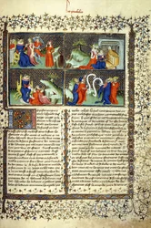 Miniatura ilustrando o Julgamento das Mães, a Chegada da Rainha de Sabá, os Ensinamentos de Salomão e a Disputa dos Médicos, c.1410