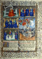 Miniatura que representa o Reino dos Céus antes da criação: Sapientia, a Trindade e a Expulsão de Lúcifer do Céu, c.1410