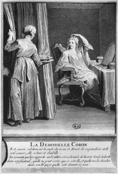 Cura milagrosa da paralisia e do câncer de Demoiselle Coirin, no túmulo do diácono François de Paris, no cemitério paroquial de Saint-Medard, em Paris, ilustração de La verité des miracles de M