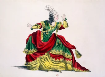 Miss Sainval como Zenobie em Zenobie e Rhadamisthe, fac-símile de Guillaumot fils (gravura colorida à mão)