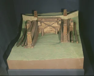 Modelo das construções de Júlio César (101-44 aC) na frente de Avaricum (Bourges) em 52 aC