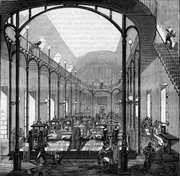 Fabrico de moeda: laminação e corte. Gravura em «Le Monde Illustré», n.º 145 de 21 de janeiro de 1860.