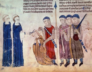 O monge aparou como castigo pelo seu deboche. Miniatura do manuscrito "Costumes de Toulouse" (Folio 33V)