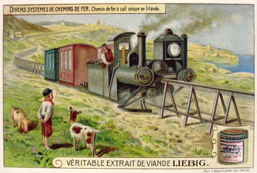 Trem monotrilho em Eire, cartão de publicidade promocional para Veritable Liebig Meat Extract