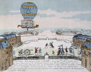 Primeiro voo do aerostato Montgolfier, organizado em Versalhes, 19 de Setembro
