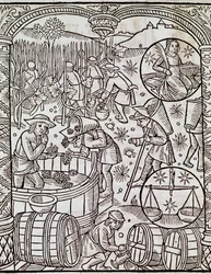 Mês de colheita, com signos de Virgem e Libra zodiac, Gravura de Le grand calendrier des bergers, França